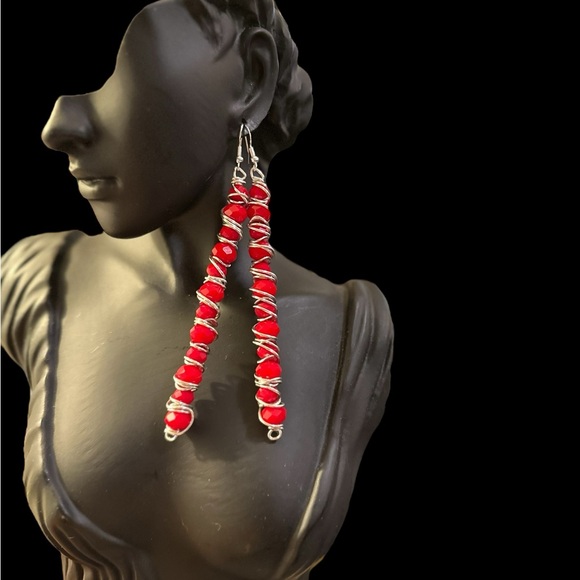 Handcrafted 5” Red Wired Wrapped Long Earrings - Picture 7 of 7